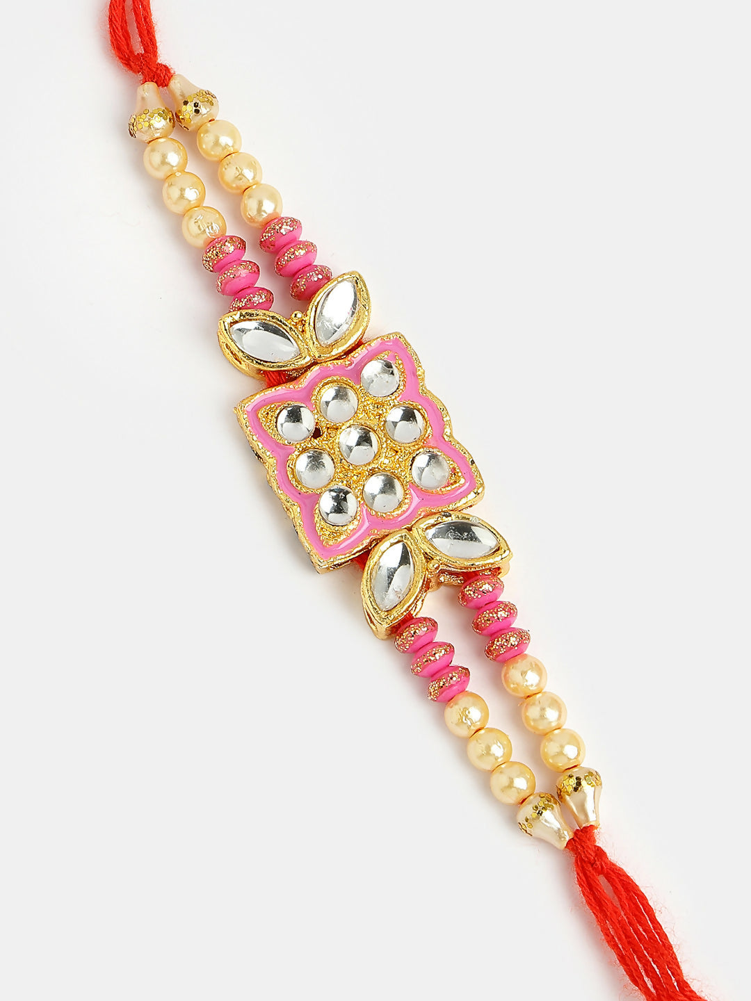 NVR Men Pink & Gold-Toned Kundan-Studded Rakhi With Roli Chawal & Chocolate | Swadesiicart