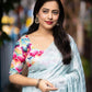 Blue Poly Crepe Ethnic Motifs Saree with Unstitched Blouse - Hiral Fashion | Swadesiicart