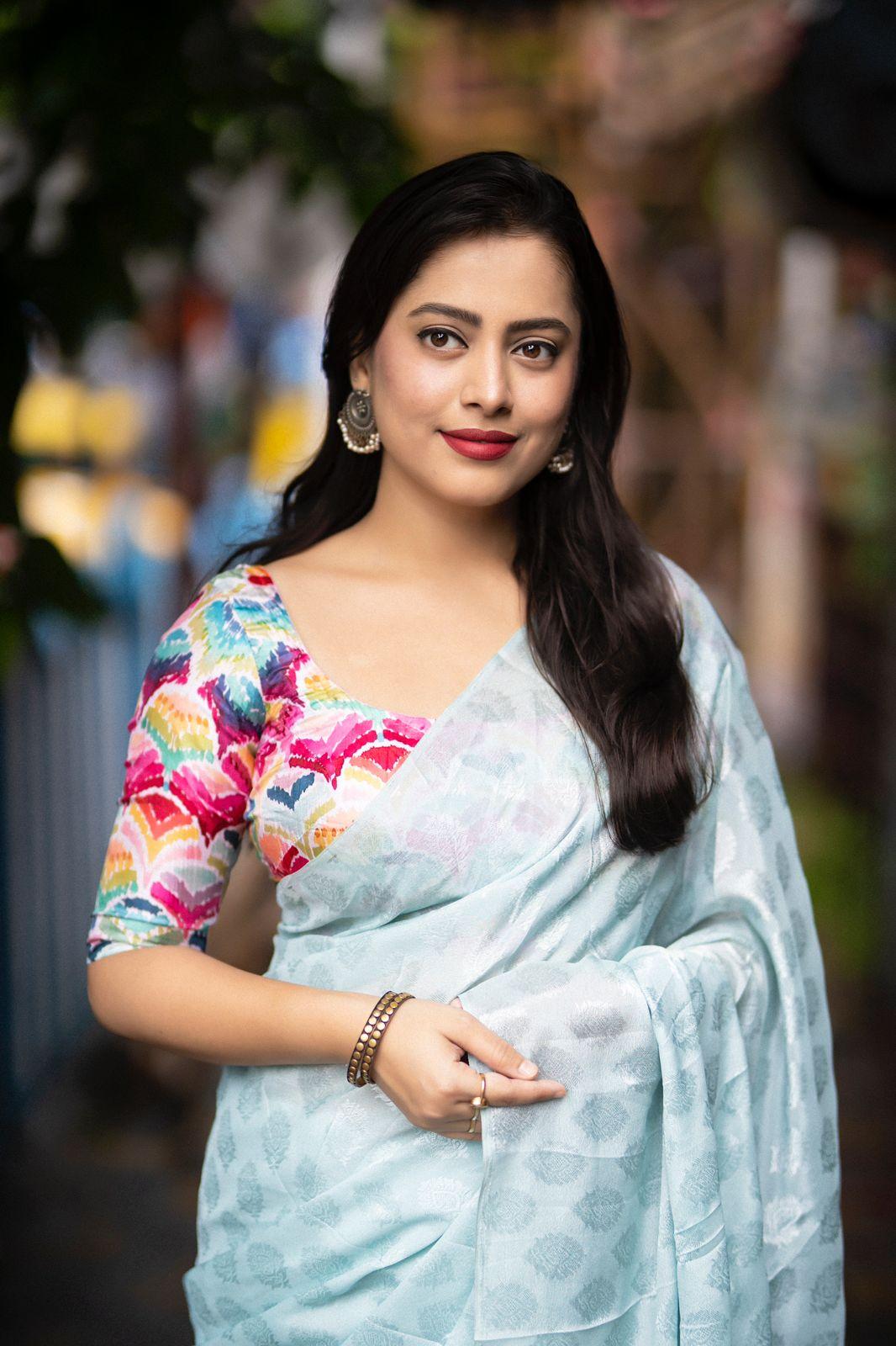 Blue Poly Crepe Ethnic Motifs Saree with Unstitched Blouse - Hiral Fashion | Swadesiicart