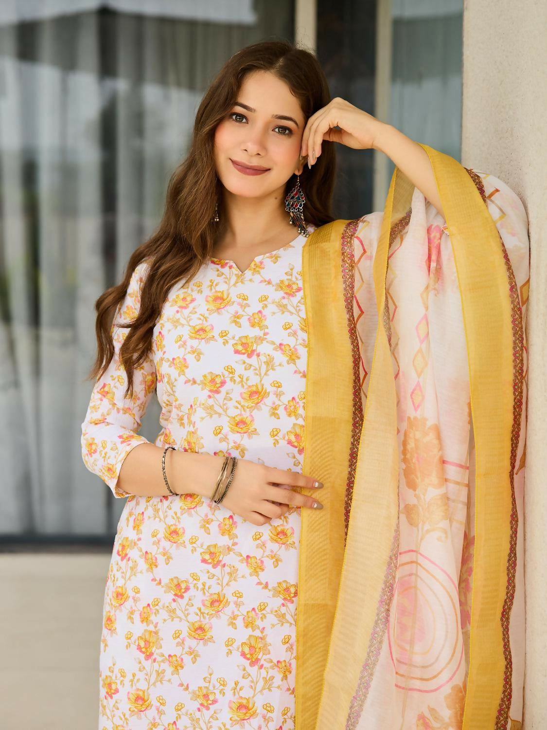 The52 Yellow Women's Beautiful Printed Silk Blend Fabric with Straight Kurta, Pant and Dupatta Set - Swadesiicart