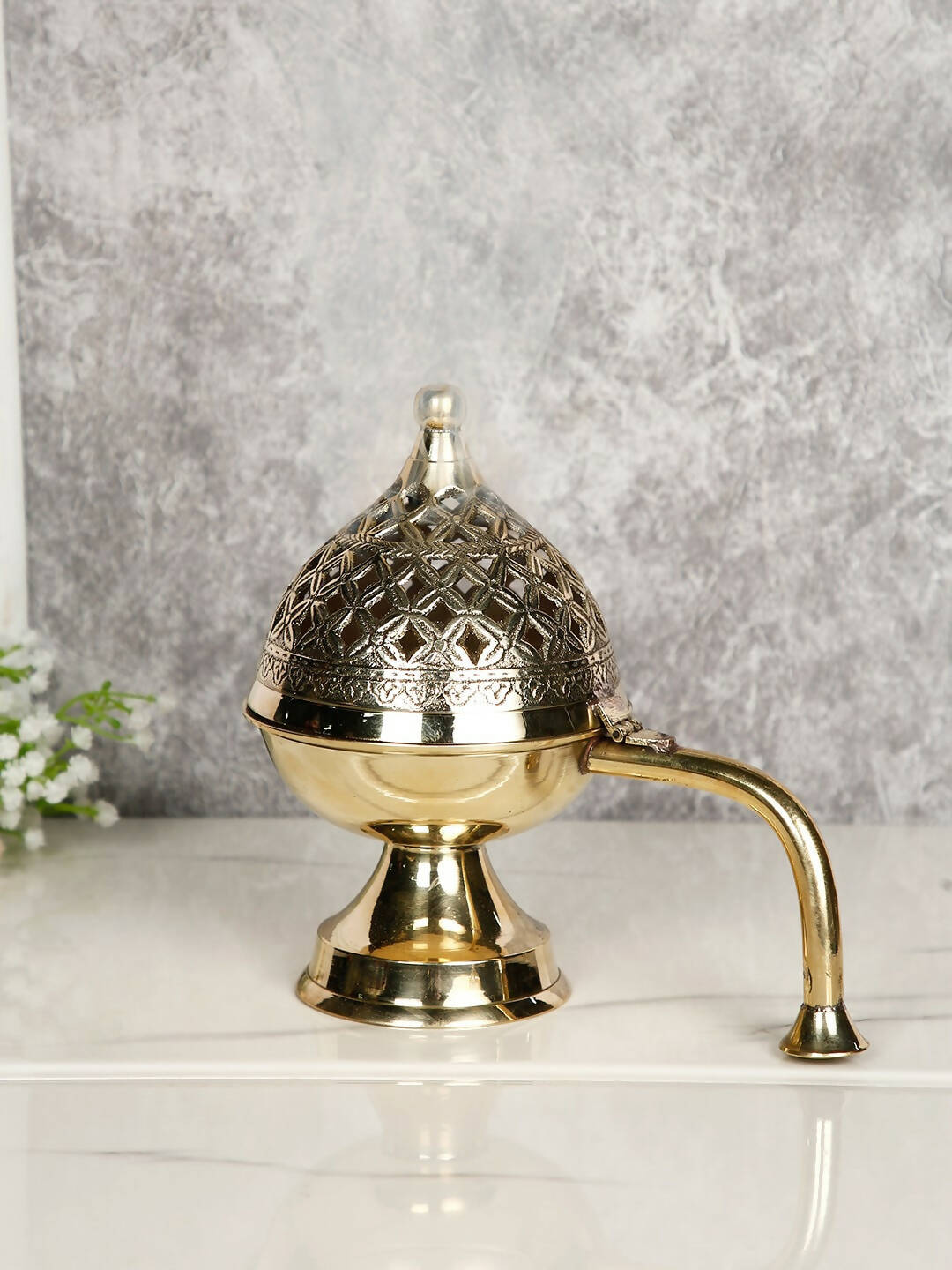 CraftVatika Gold-Toned Dhoop Dani Loban With Handle & Incense Stick Holder Showpiece | Swadesiicart