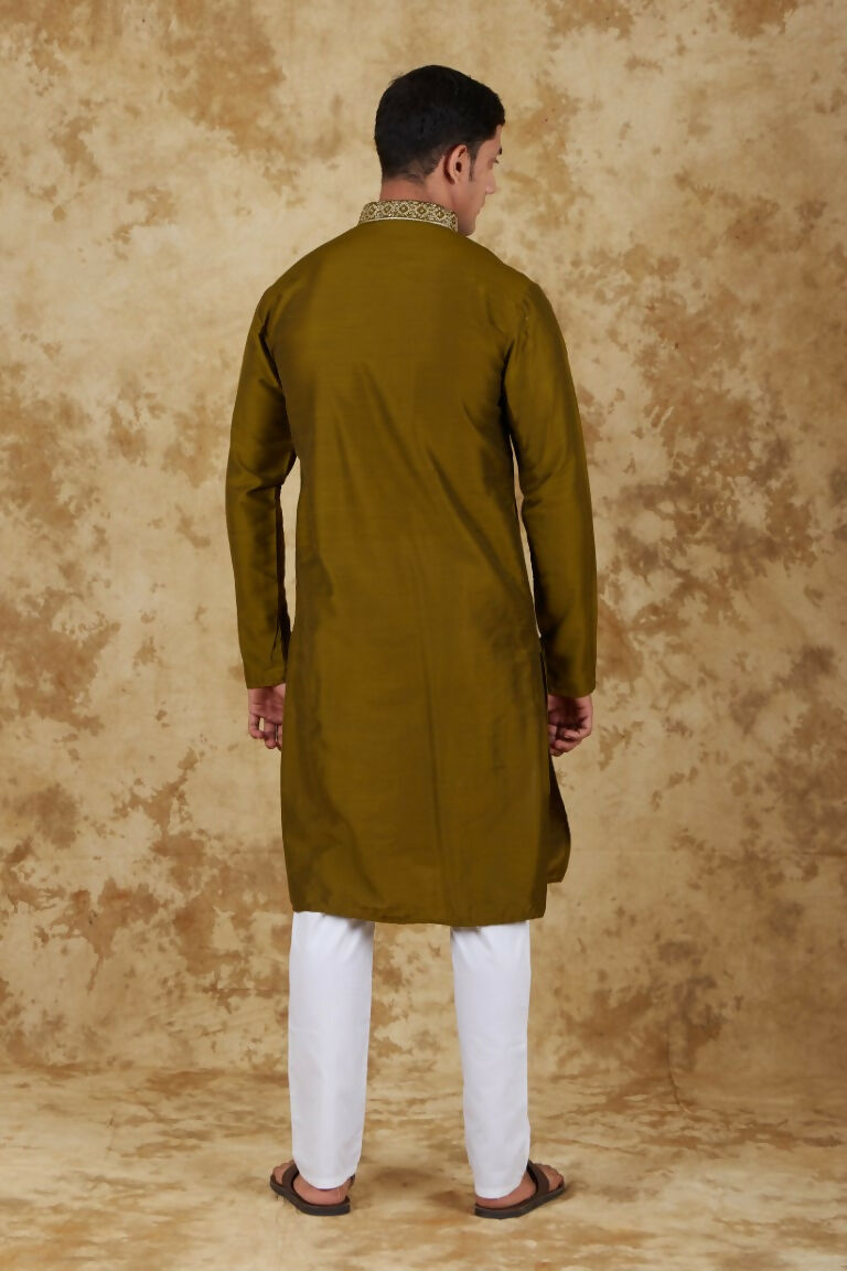 Bluesaanchi Men's Handloom Embroidered Field Drab Kurta Set | Swadesiicart