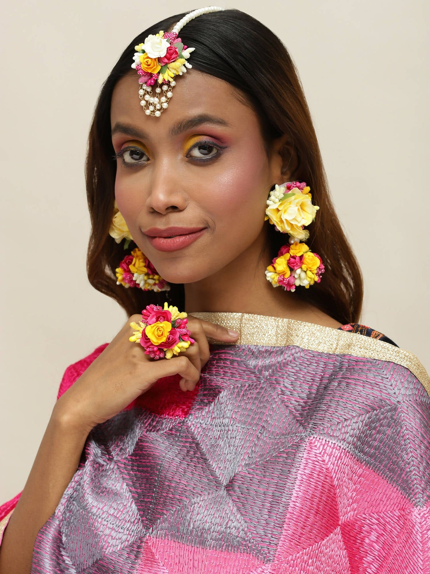 Yellow Pink Beaded Flower Jewellery Set - Ruby Raang - Ruby Raang Studio
