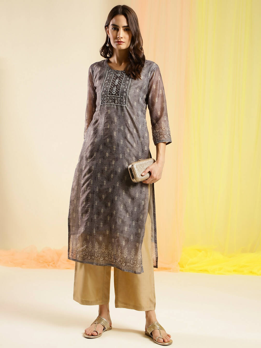 Grey Chinon Digital Printed With Hand Work Kurta - Himanshi - Swadesiicart