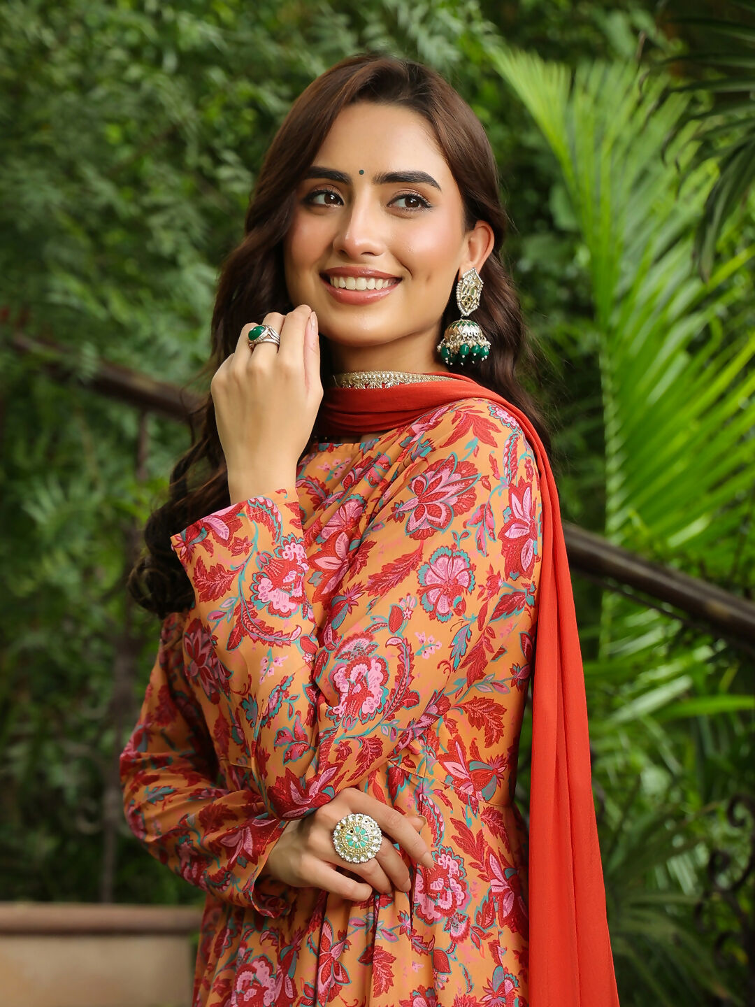 Janasya Mustard Georgette Floral Kurta,Bottom & Dupatta | Swadesiicart