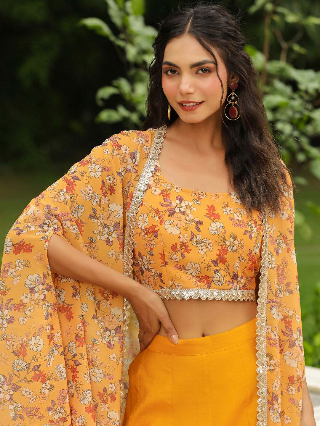 Janasya Mustard Georgette Floral Top Bottom Cape | Swadesiicart
