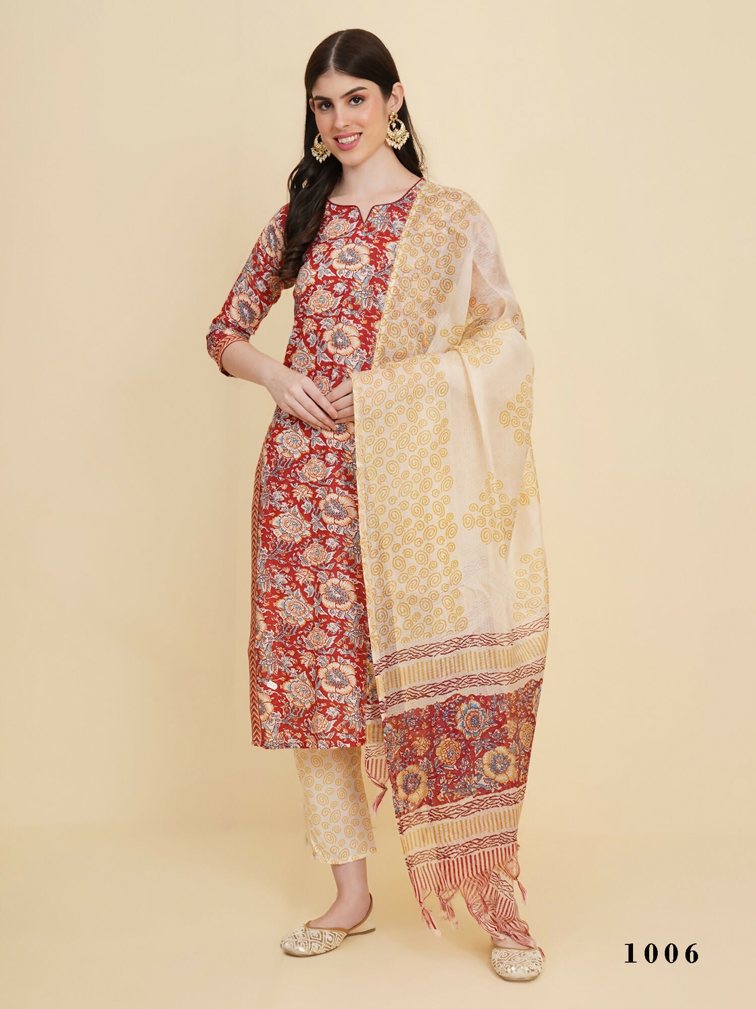 Designer Stylish red Cotton Stitched Suit With Dupatta - Tanisha | Swadesiicart