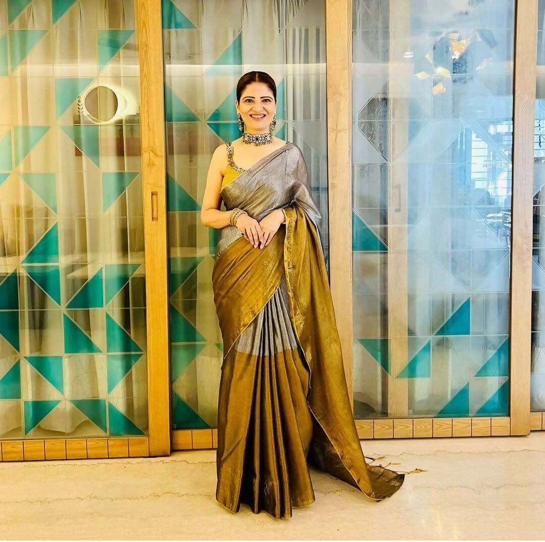 Exclusive Collection Beautiful Gray Copper Tissue Silk Hand Weaving Handloom Saree With Running Blouse Piece - Swadesiicart