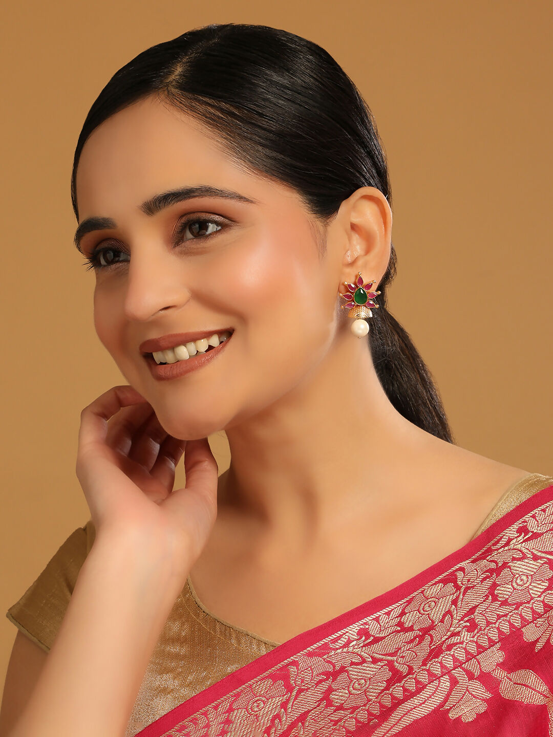 Nuyug 22K Gold-Plated Pearl Drop Floral Shaped Stud Earrings | Swadesiicart