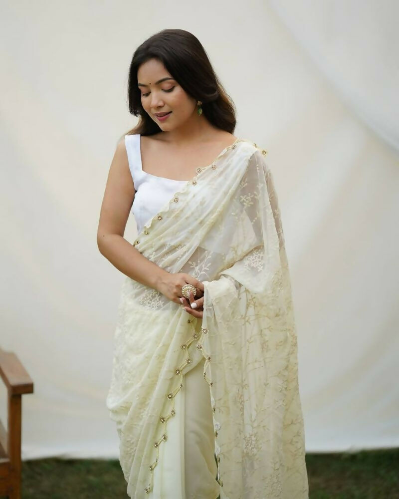 Vamsee Kimora White Georgette Saree - Swadesiicart