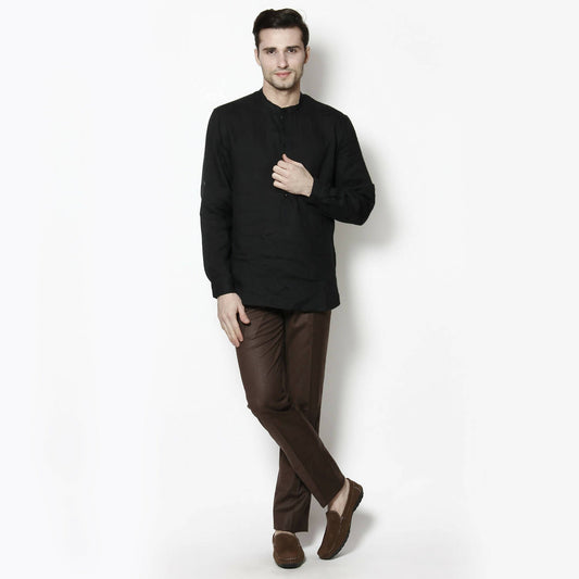 Even Apparels Black Linen Linen Men's Kurta With Band Collar | Swadesiicart