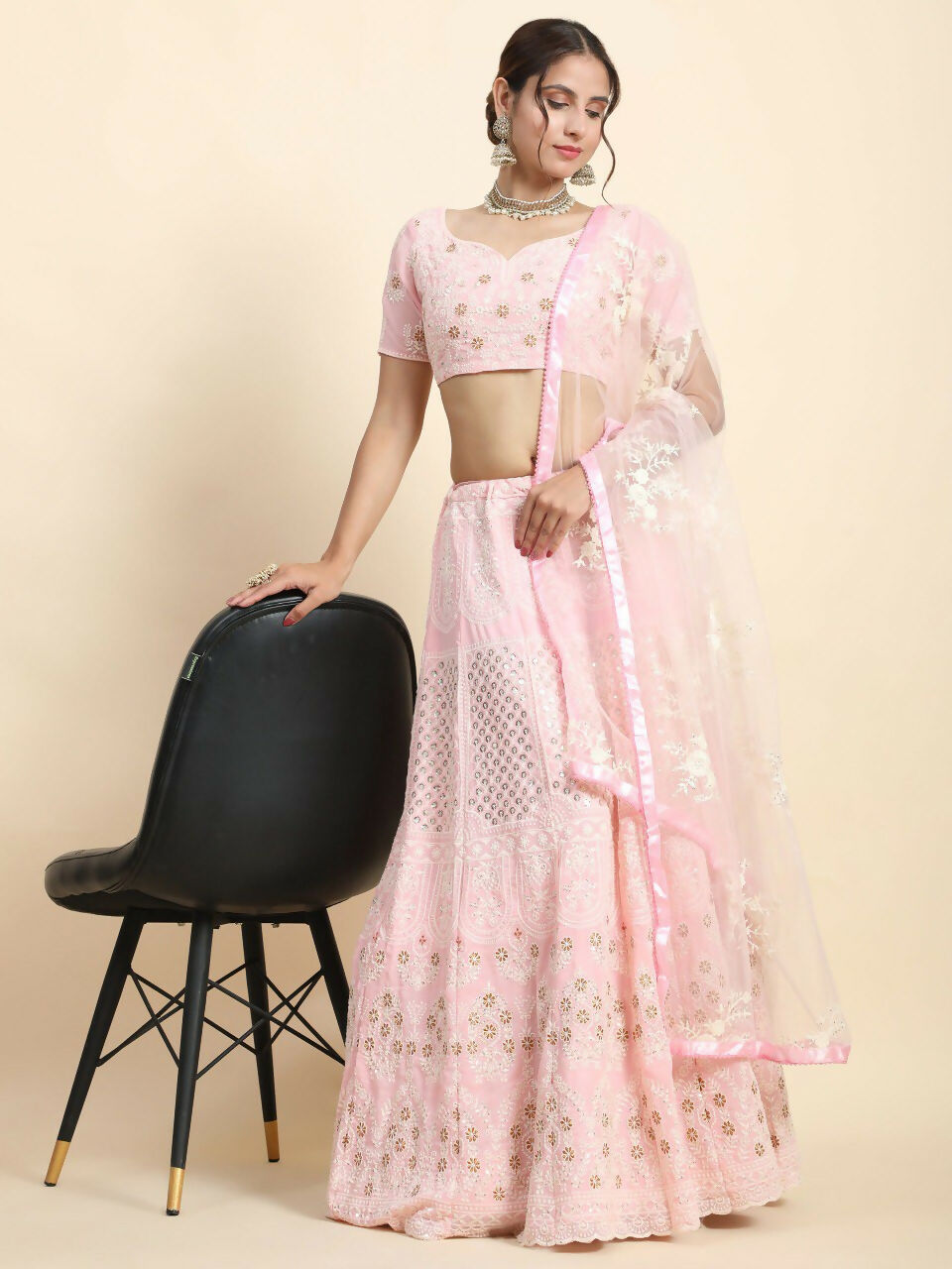 Jyoti Fashion Stunning Baby Pink Faux Georgette 3MM Sequins with Thread & Jari Embroidery Lehenga Choli with Dupatta | Swadesiicart