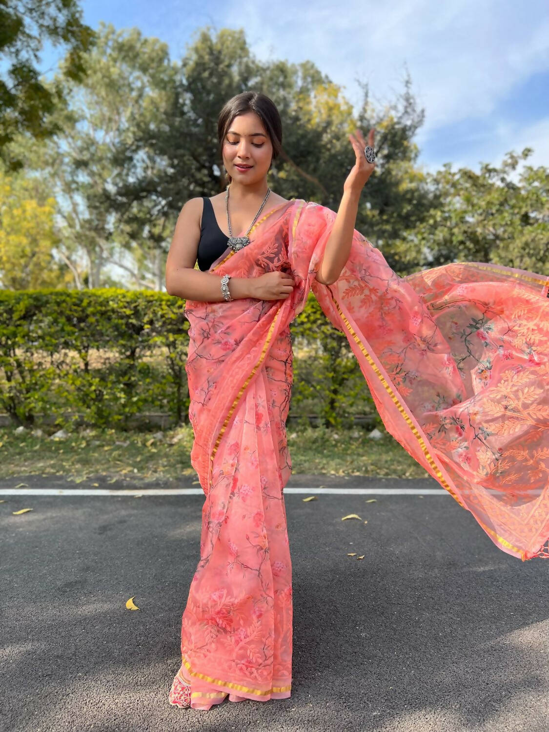Vamsee Peach Organza Saree - Swadesiicart