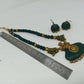 Terracotta Dark Green Crown Pendant Long Necklace Set Paired with Hanging Temple Jhumkas | Swadesiicart