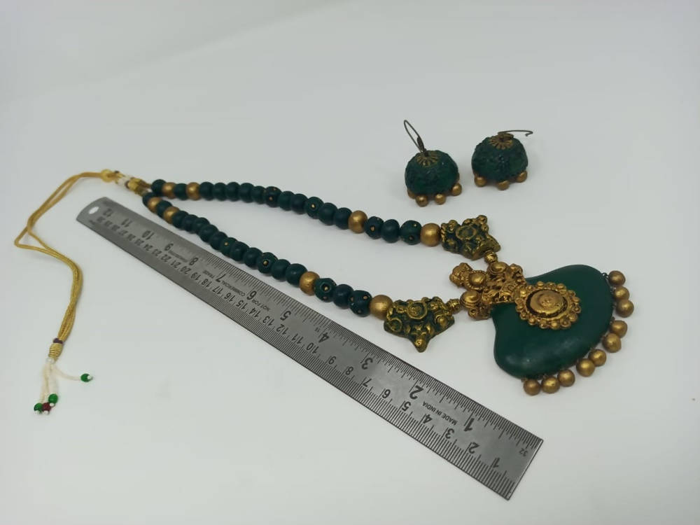 Terracotta Dark Green Crown Pendant Long Necklace Set Paired with Hanging Temple Jhumkas | Swadesiicart