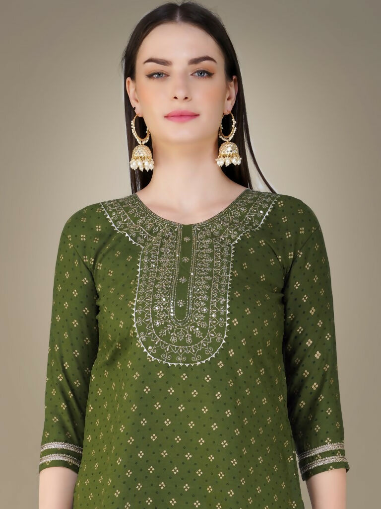 Jyoti Fashion Women's Mehendi Cotton Magic Slub Embroidery & Sequence work Kurta with Trouser & Dupatta | Swadesiicart