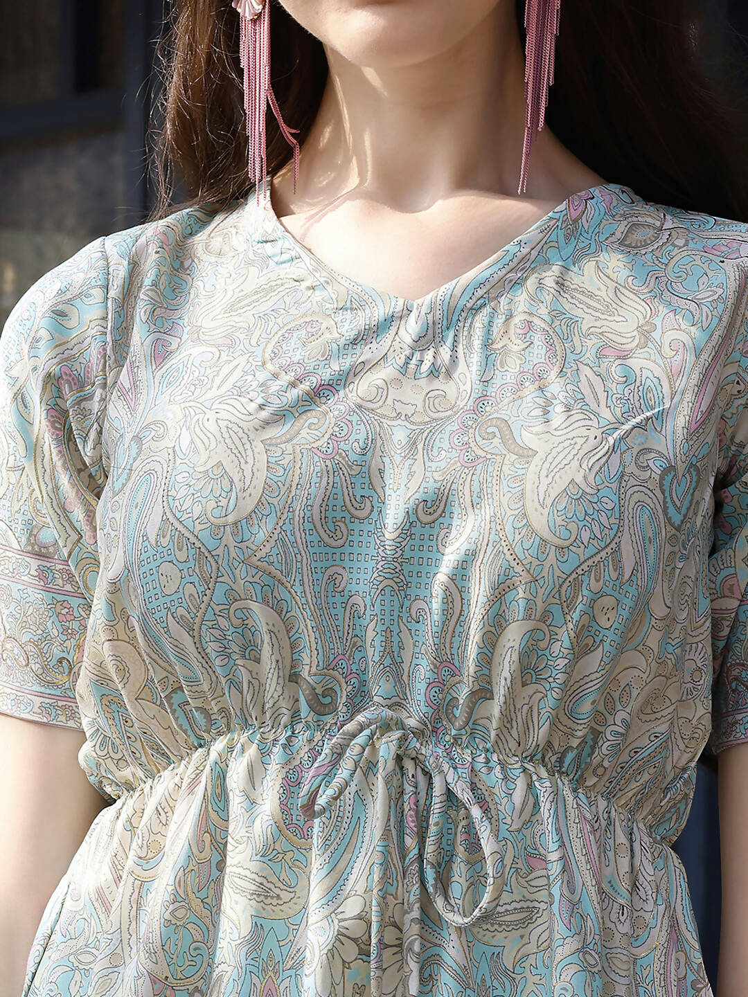 Sky Blue Rayon Paisley & Floral Printed Top with Matching Bottom - Eesha - Swadesiicart