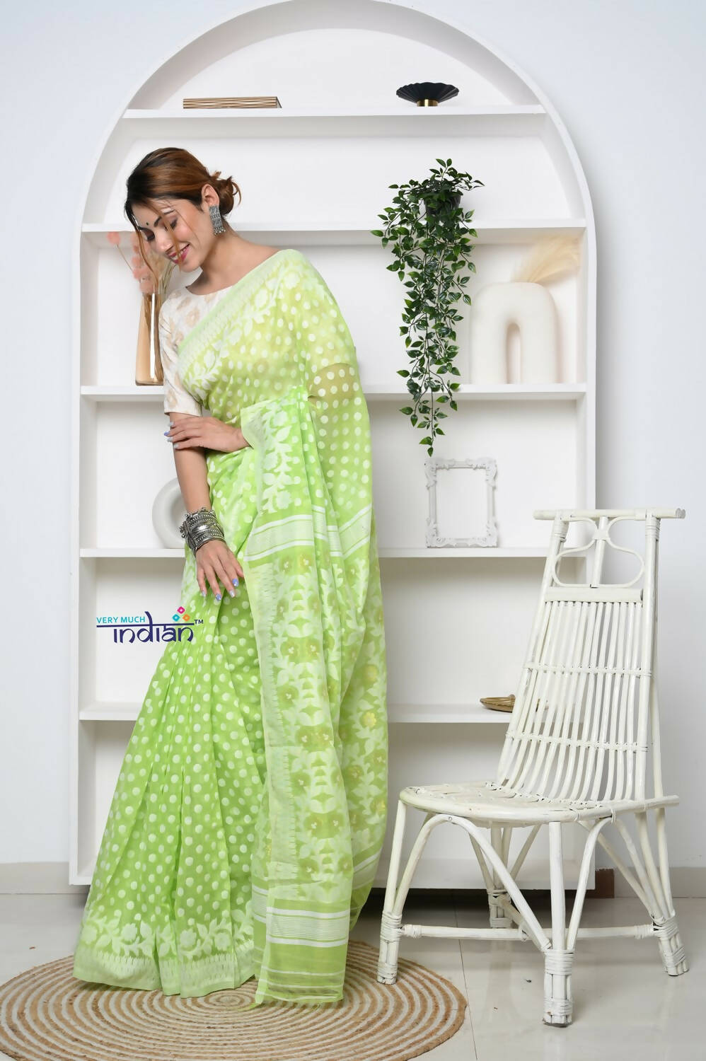 Very Much Indian Jamdhani Cotton Saree - Pista Green | Swadesiicart