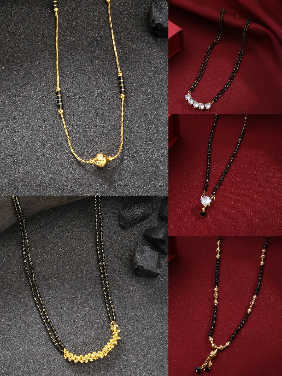 NVR Women's Set of 5 Gold-Polished CZ Stone-Studded & Beaded Mangalsutra | Swadesiicart