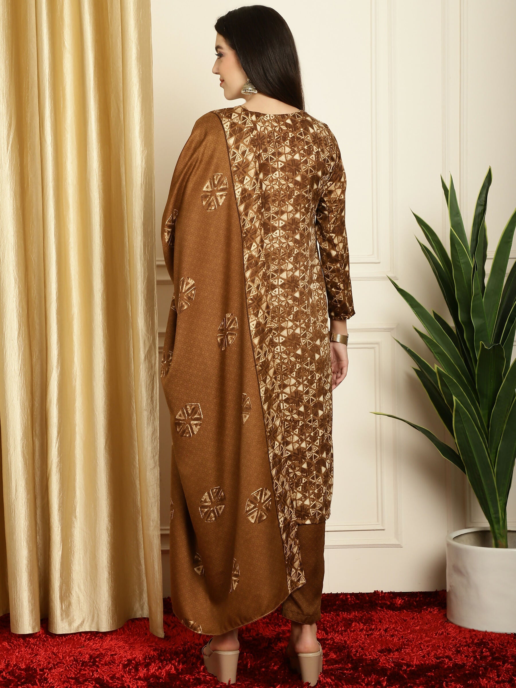 Jyoti Fashion Women's Brown Pashmina Floral Digital Printed Kurta with Trouser & Dupatta | Swadesiicart
