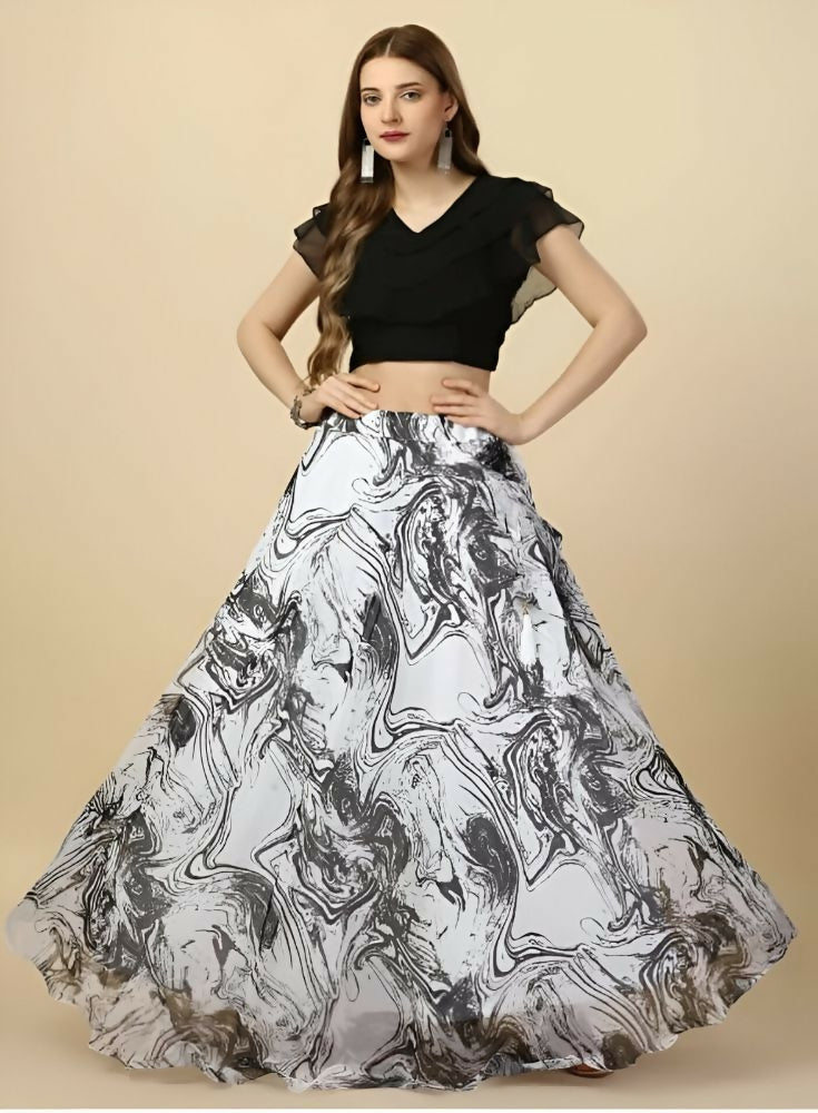 Dishitha Creation Printed Stitched Lehenga & Crop Top - Black & White | Swadesiicart