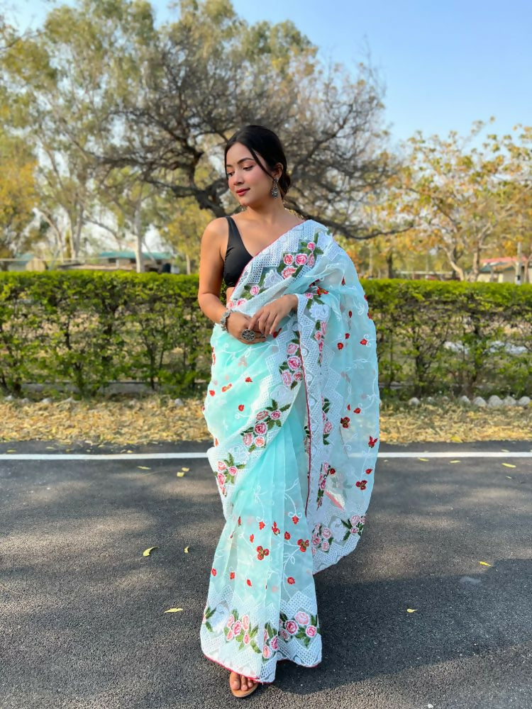 Vamsee Kamaljaal Sky Organza Saree - Swadesiicart