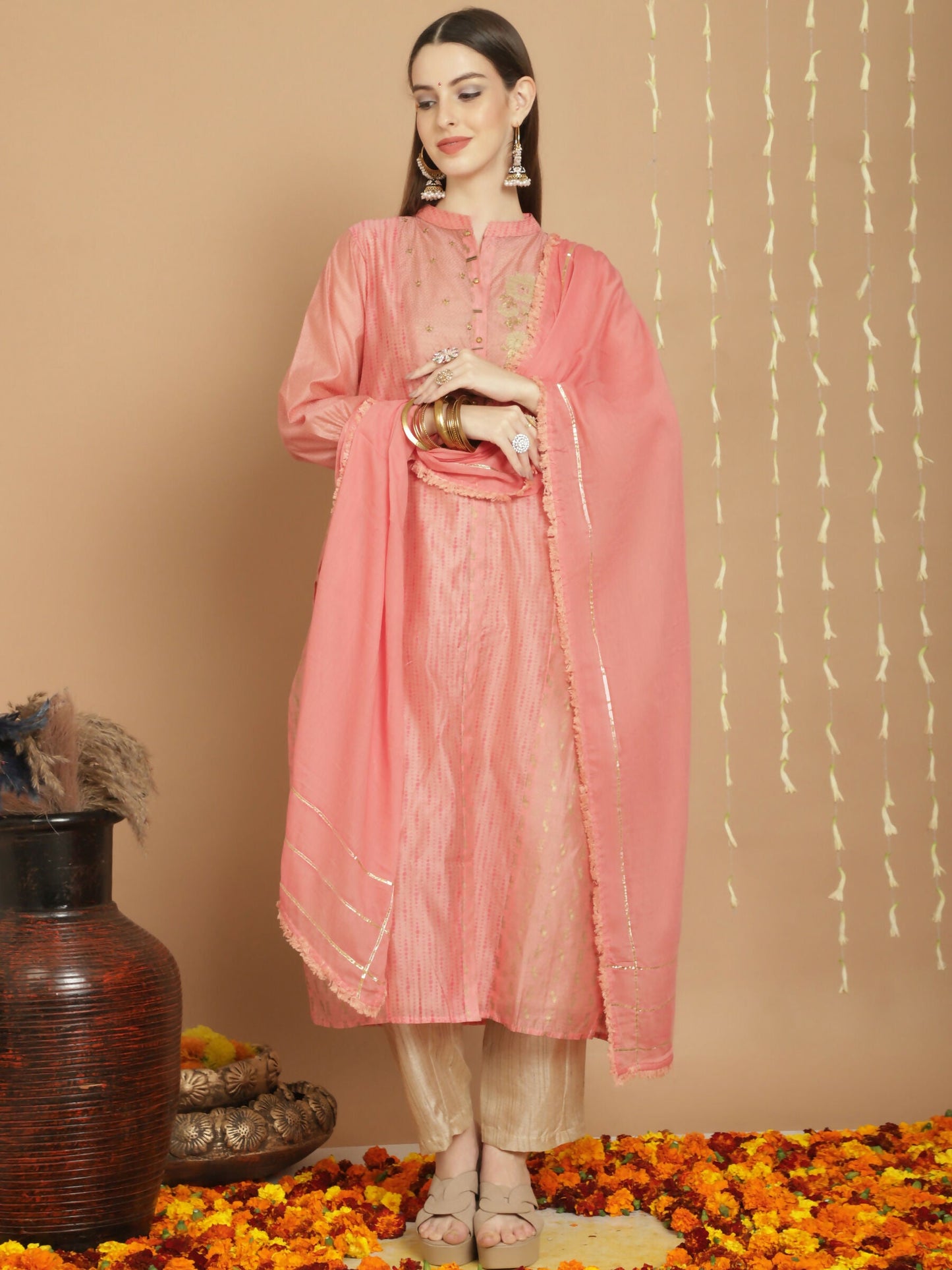 Jyoti Fashion Women's Peach Chanderi Silk Elegant Jardoshi Semi Kurta with Trouser & Dupatta | Swadesiicart