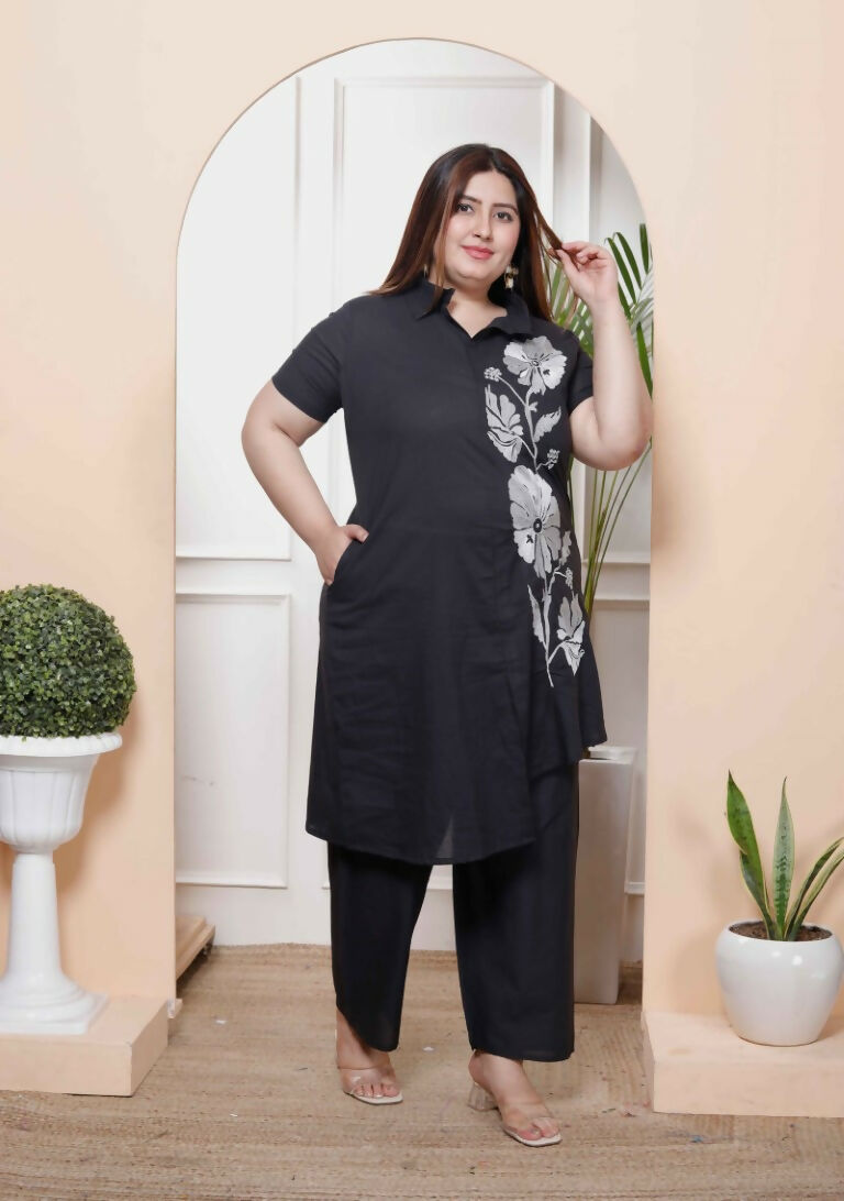 Miravan Women's Plus Size Black Pure Cotton Floral Embroidered High Low Co-Ord Set - Swadesiicart