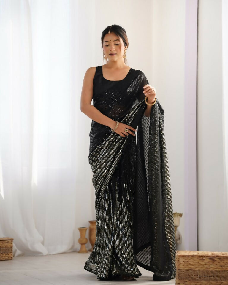 Black Georgette Designer Sequence Embroidery Work Saree - Sitare