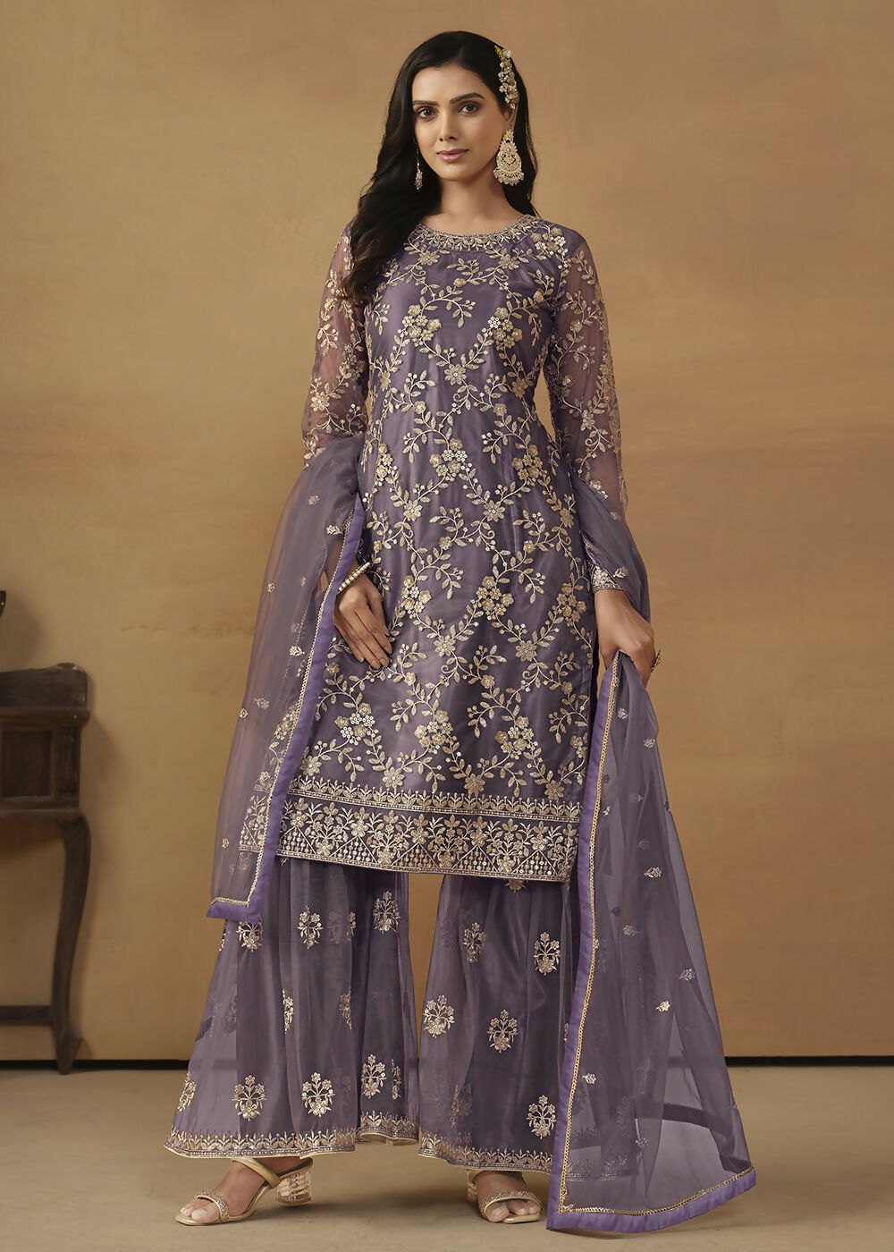 Dusty Purple Net Embroidered Wedding Festive Gharara Suit - Emponline | Swadesiicart