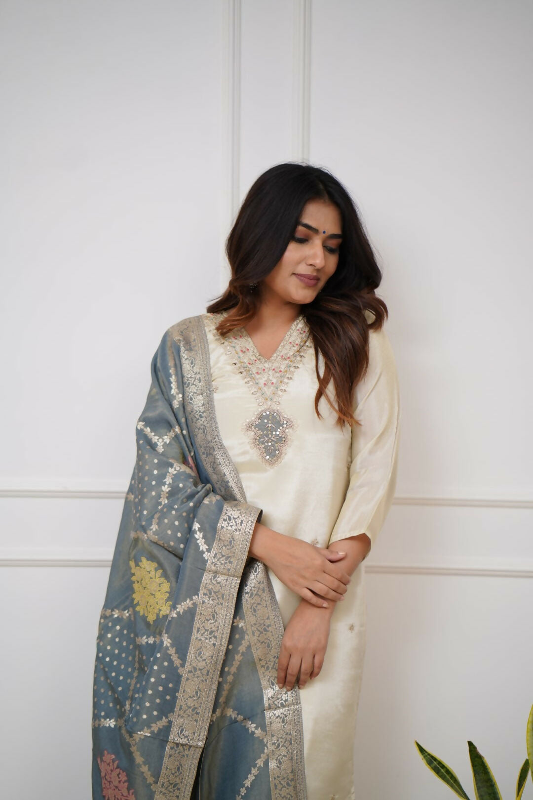 The52 Off White Beautiful Embroidered Viscose Chanderi Fabric Straight Kurta Pant with Dupatta Set - Swadesiicart