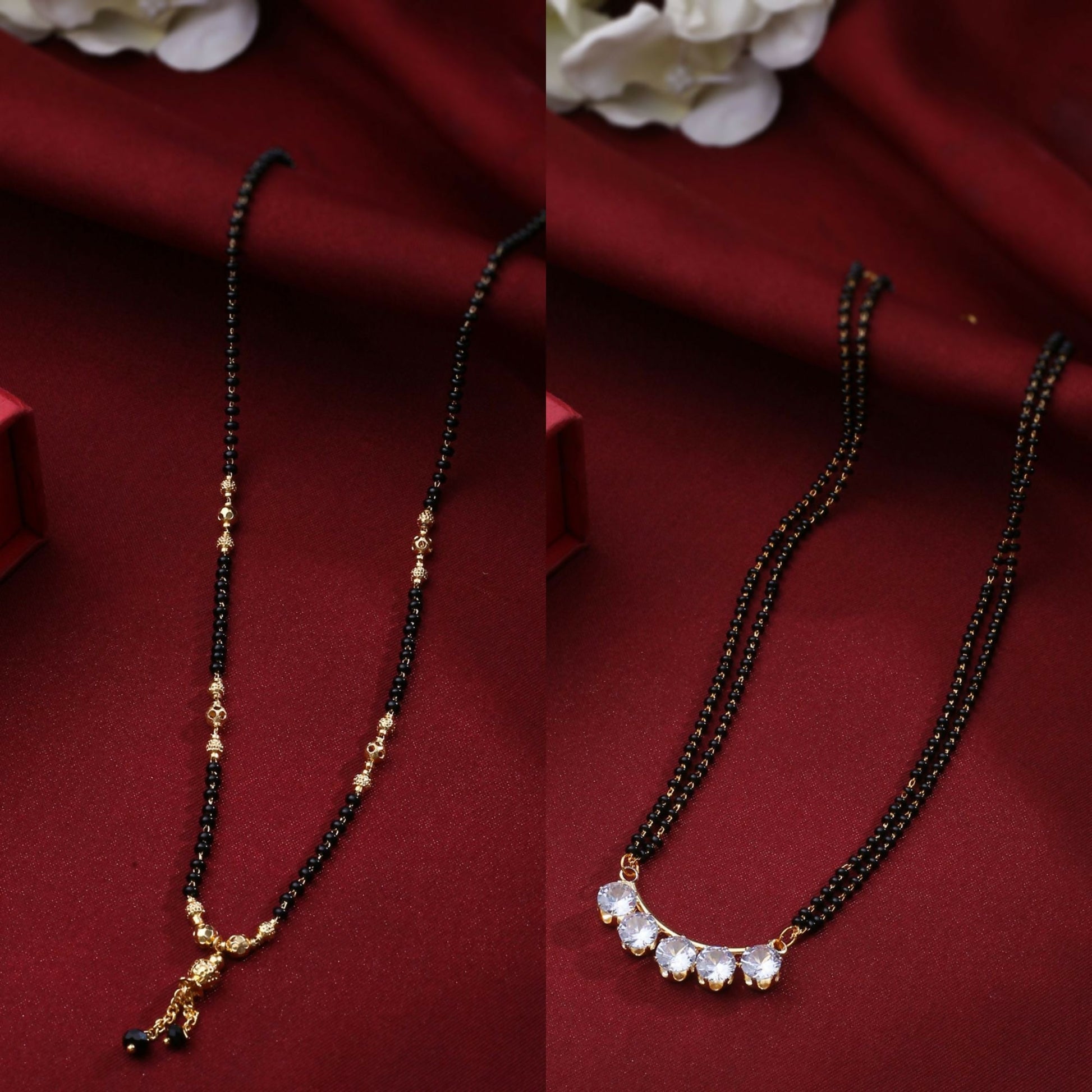 NVR Women's's Set of 2 Black Gold-Polished Beaded Mangalsutra With Ad Stone | Swadesiicart