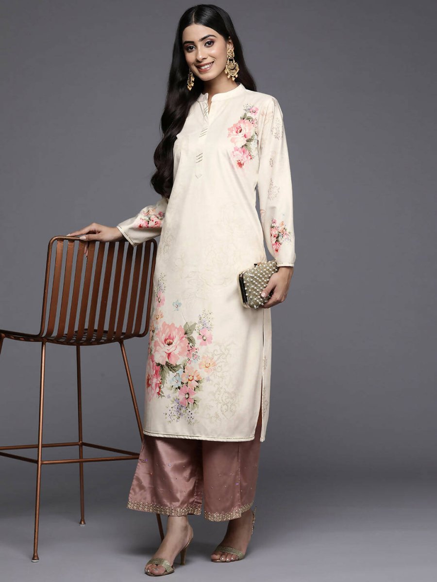 Ahalyaa Women Cream-Coloured & Pink Floral Printed Gotta Patti Floral Velvet Kurta | Swadesiicart