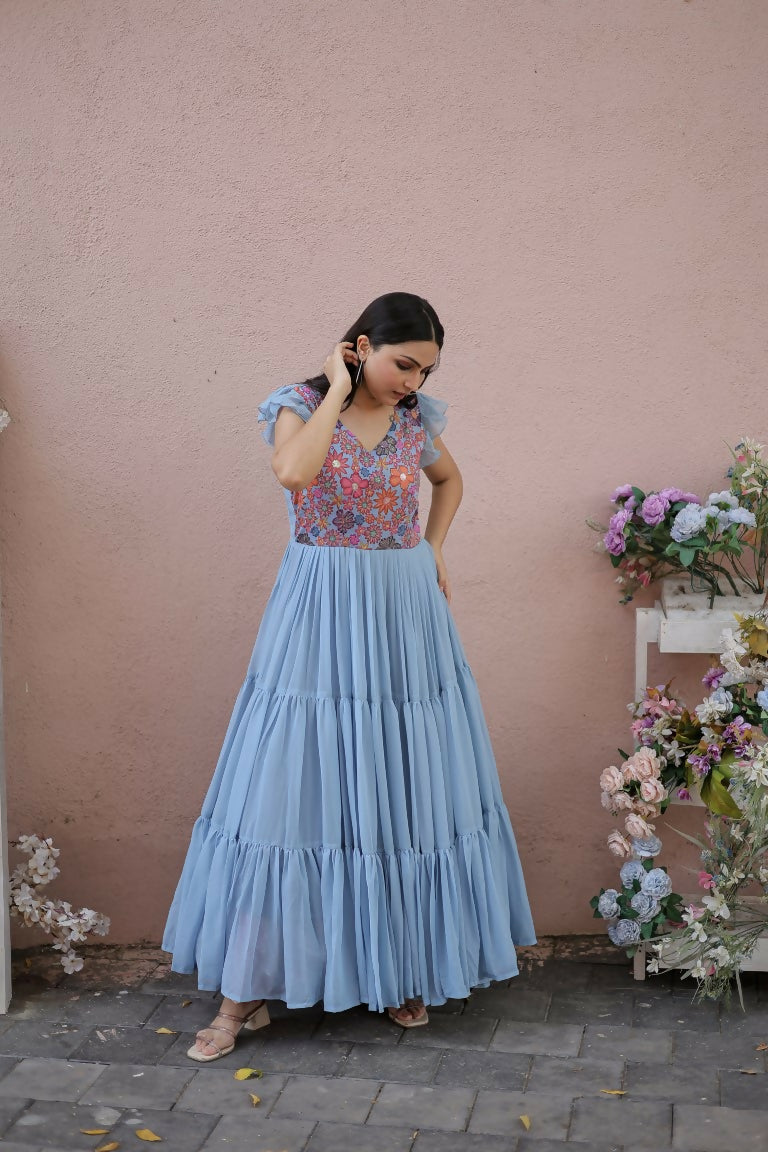 Jyoti Fashion Women's Grey Printed with Sequins Faux Georgette Anarkali Dress | Swadesiicart