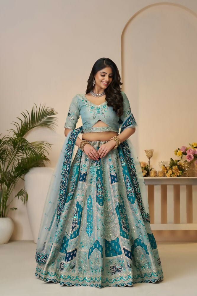 Kesar Fab Sky-Blue Banarasi Silk Embroidered Lehenga | Swadesiicart