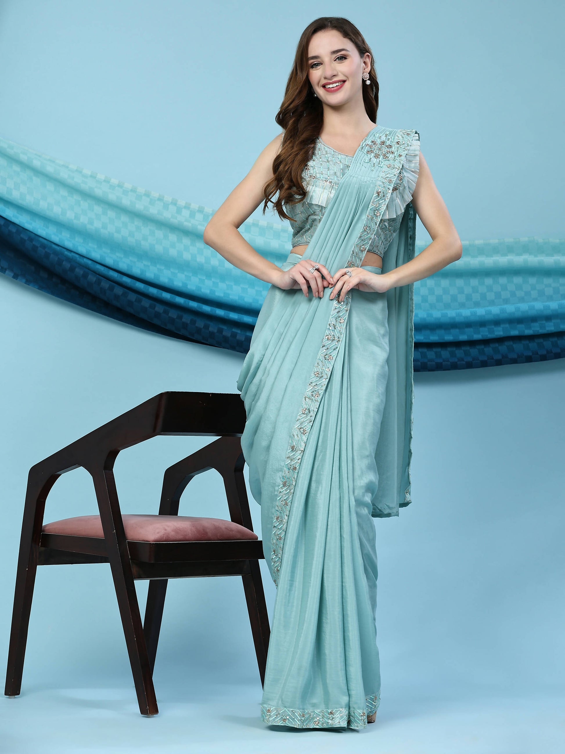 Sky Blue Silk Satin Solid Ready to wear Saree with stitched Blouse - Satiksha | Swadesiicart