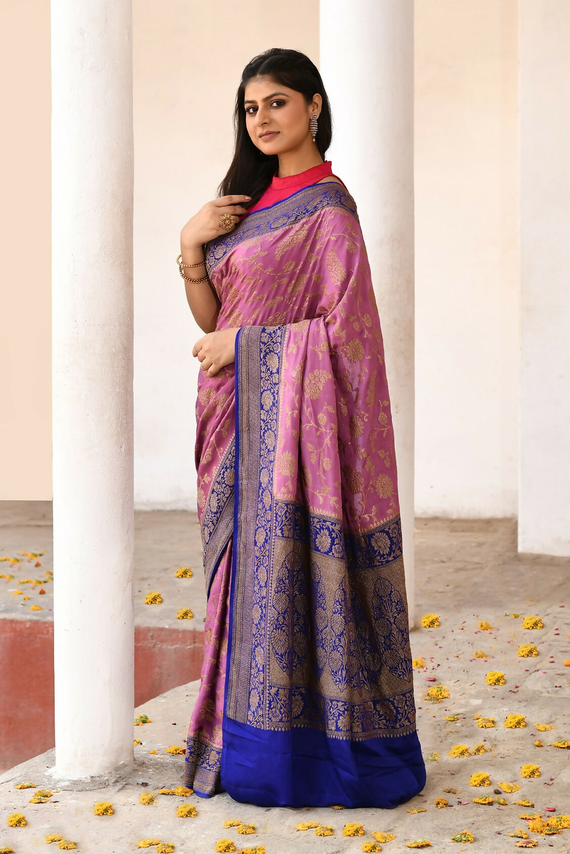 Joban Fashion Nude Pink Crepe Chiffon Pure Handloom Banarasi Silk Saree | Swadesiicart