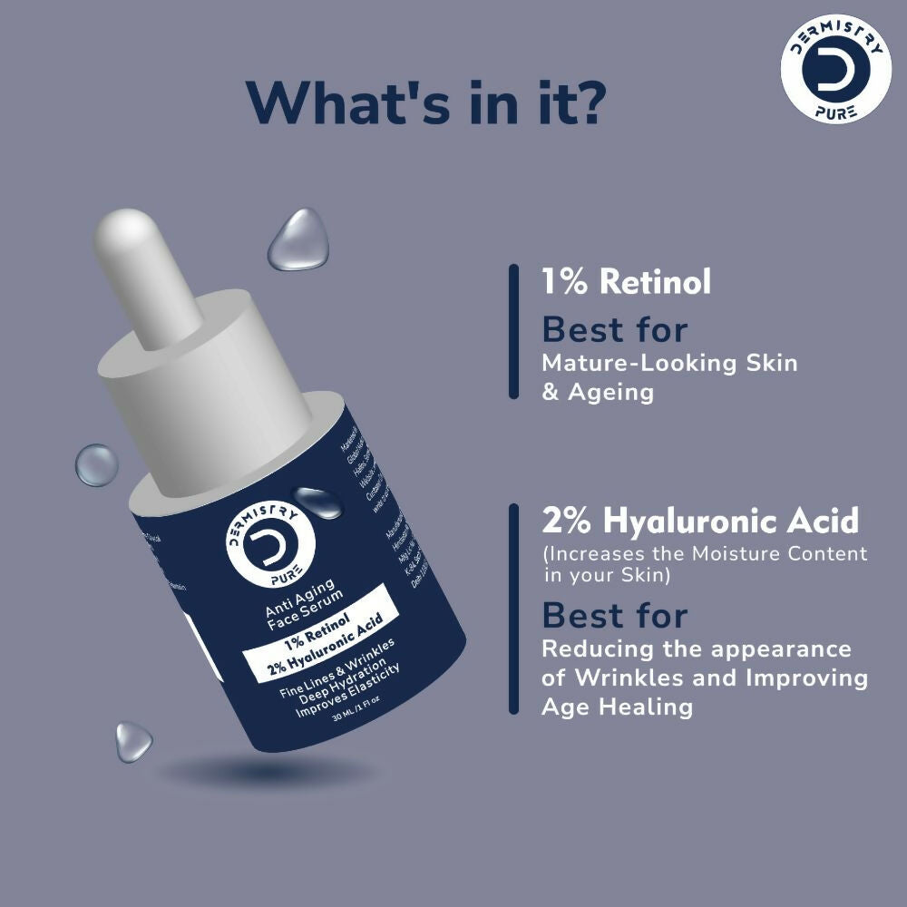 Dermistry Pure 1% Retinol 2% Hyaluronic Acid Anti Aging Moisturizer Face Serum Fine Lines & Wrinkles - Swadesiicart