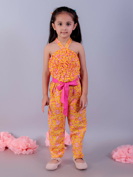 Lil Drama Jaipur Girls Yellow Printed Top with Printed Pant Co-ordinate Set - Swadesiicart