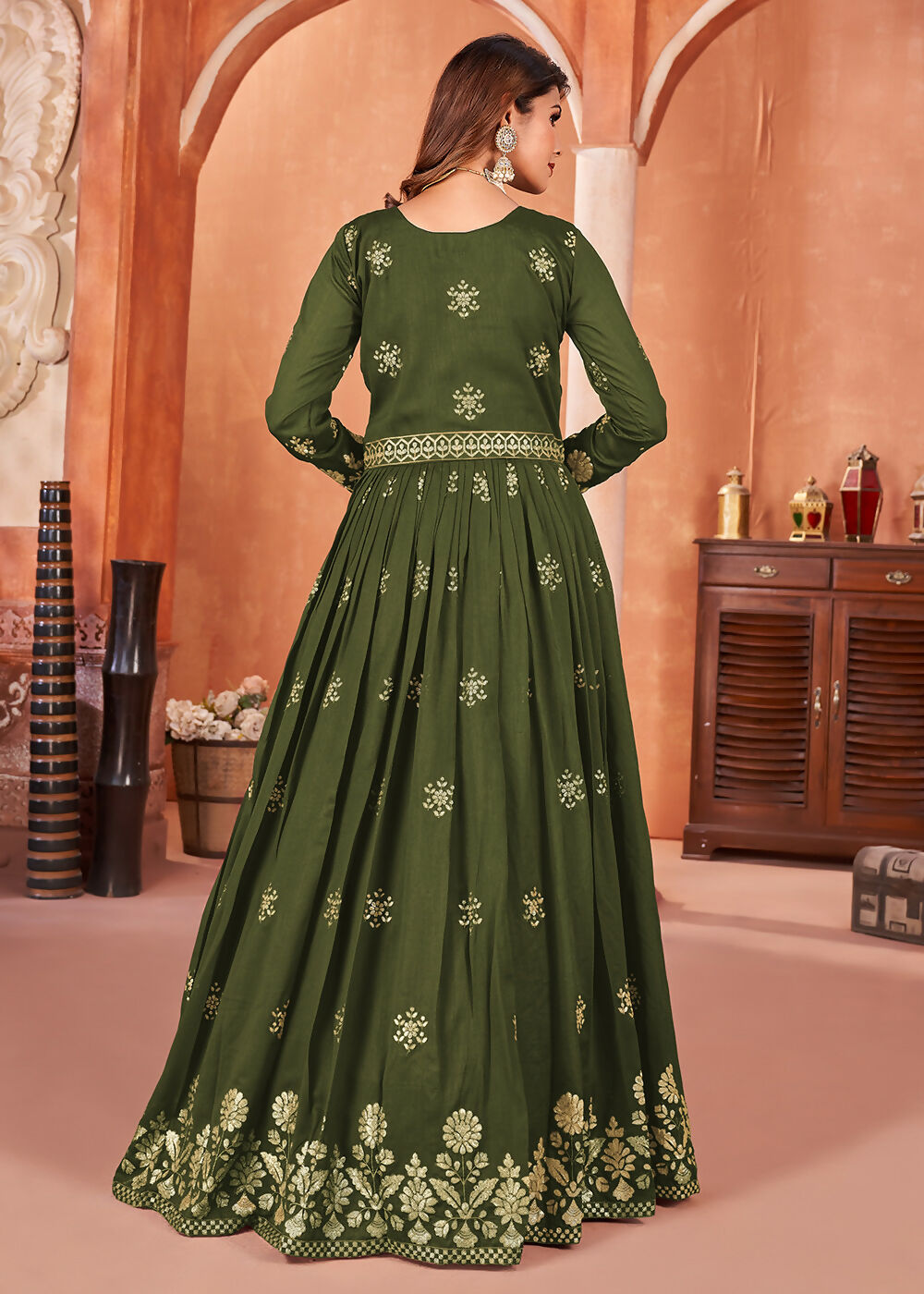 Mehndi Green Festive Embroidered Art Silk Anarkali Suit - Emponline | Swadesiicart