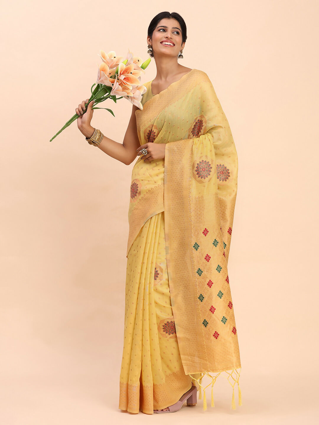 Shree Shyam Fashion Linen Cotton Yellow Saree
