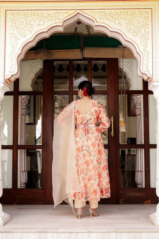 Vaasva Women Cream Organza Floral Print & Embroidered Anarkali Kurta, Pant & Dupatta set | Swadesiicart