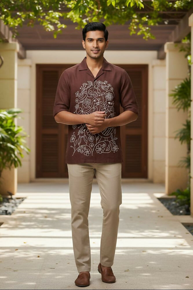 Botan — Brown Embroidered Cotton Shirt by Hilo Design