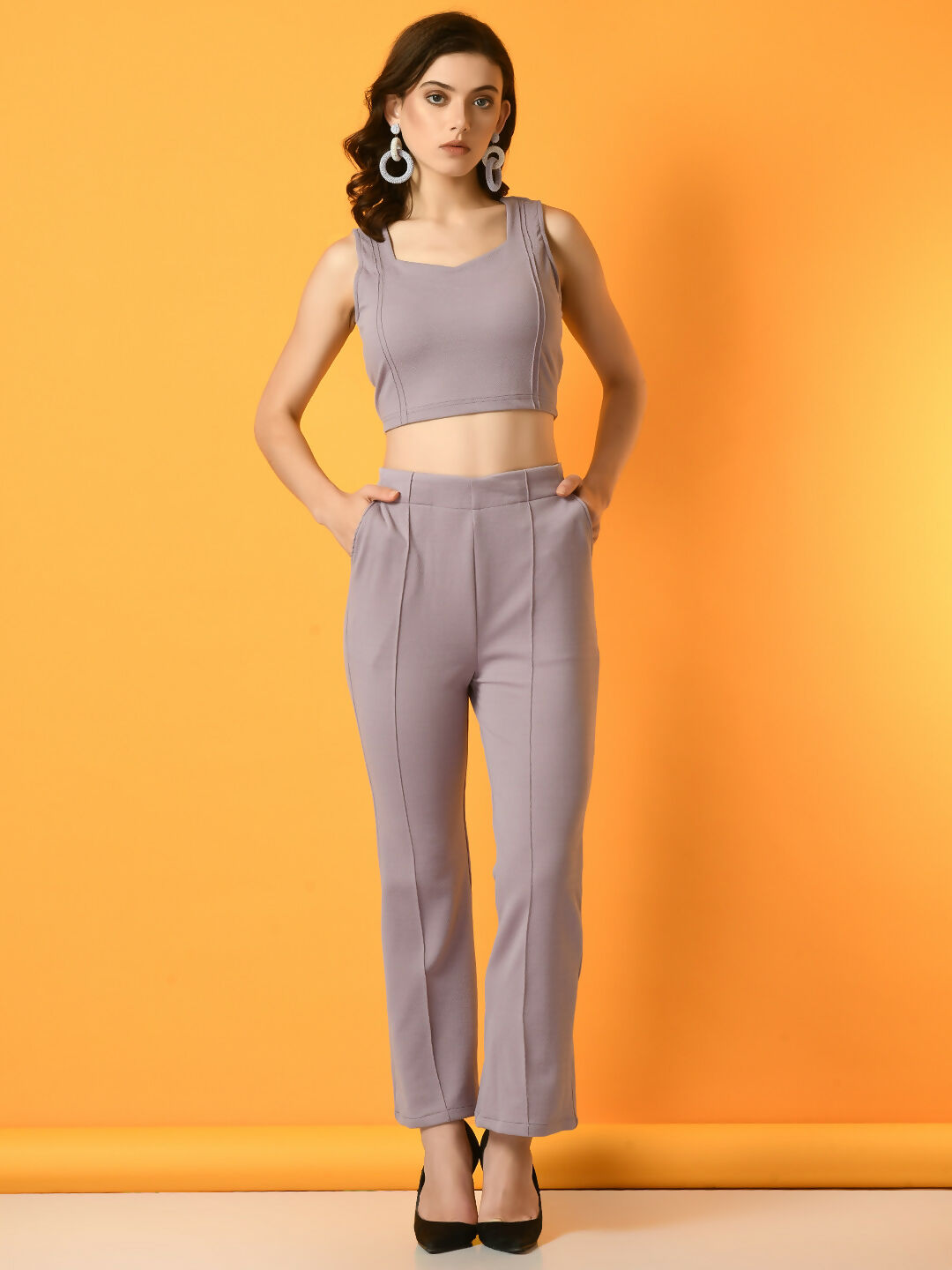 Myshka Women's Lavender Solid Top With Trousers - Swadesiicart