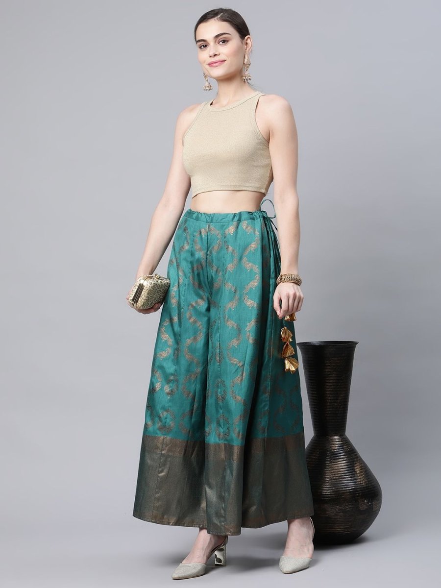 Ahalyaa Womens Green Poly Silk Gold Foil Print Free Size Palazzo | Swadesiicart