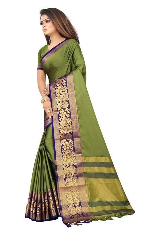 Vamika Banarasi Cotton Silk Weaving Green Saree (DOCTOR MOR GREEN) | Swadesiicart