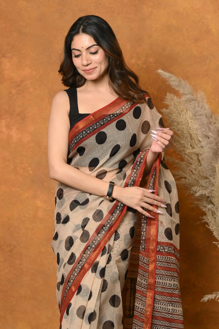 Very Much Indian Handblock Printed Cotton Saree With Natural Dyes - White | Swadesiicart