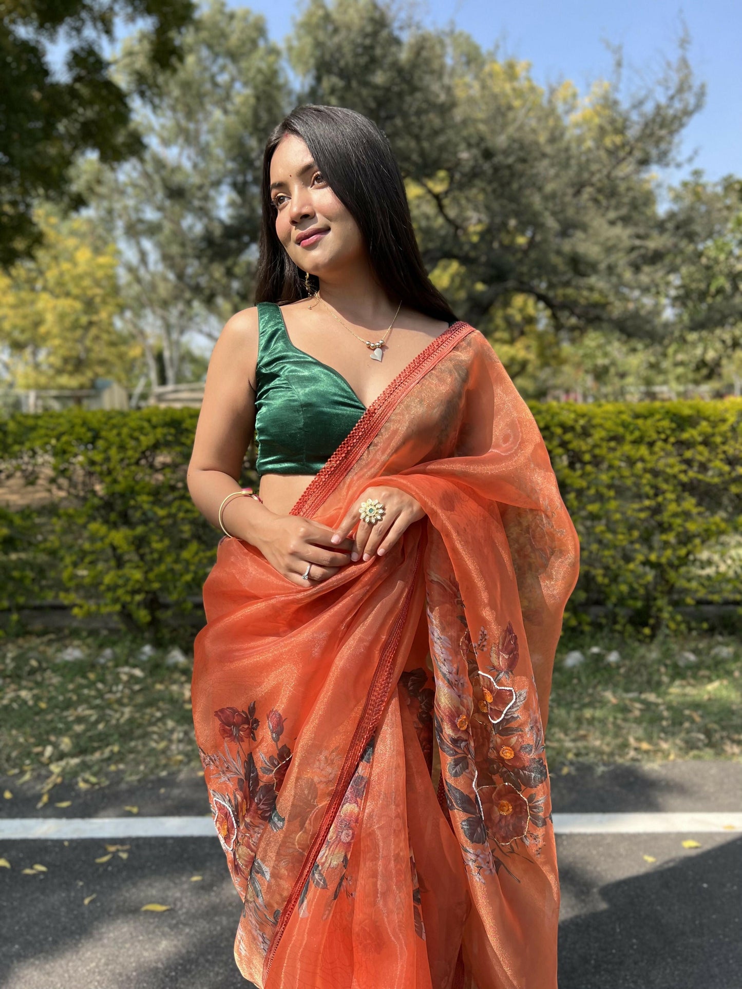 Vamsee Firozi Orange Organza Saree - Swadesiicart
