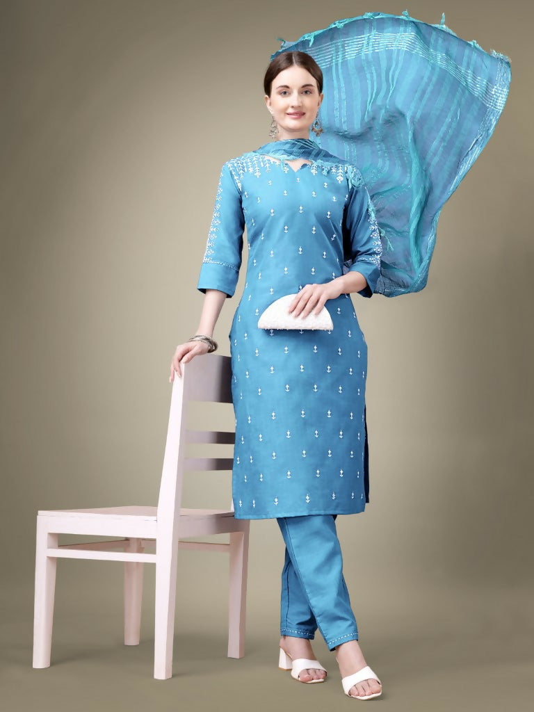 Jyoti Fashion Women's Sky Blue Cotton Blend Embroidery & Sequence work Kurta with Trouser & Dupatta | Swadesiicart