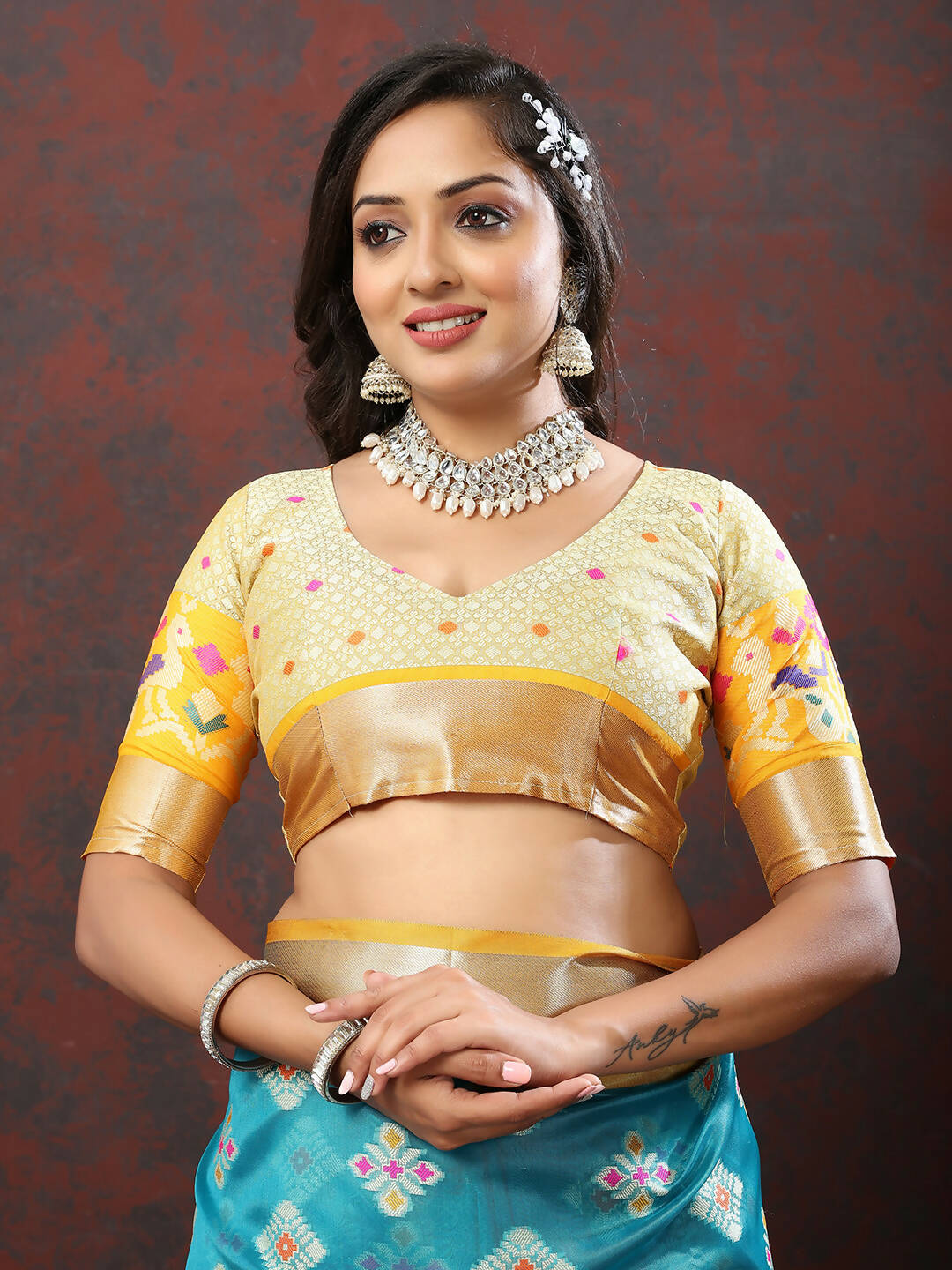 Lorenvalley Fashion Teal Organza Silk Woven Design with Meenakari Weaving Saree - Swadesiicart